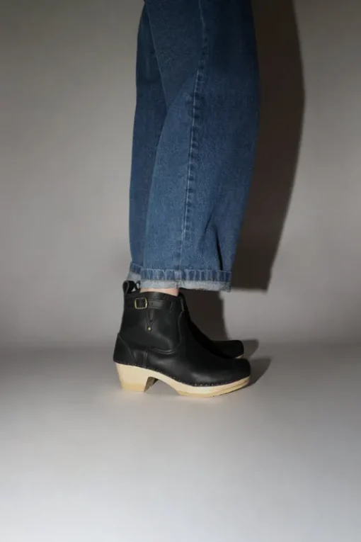 5" Leather Clog Buckle Boot on Mid Heel in Black
