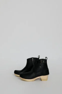 5" Leather Clog Buckle Boot on Mid Heel in Black