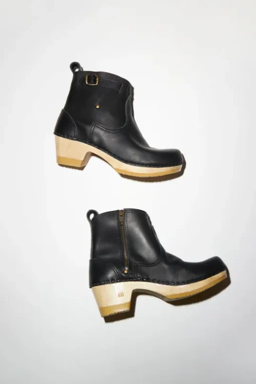 5" Leather Clog Buckle Boot on Mid Heel in Black