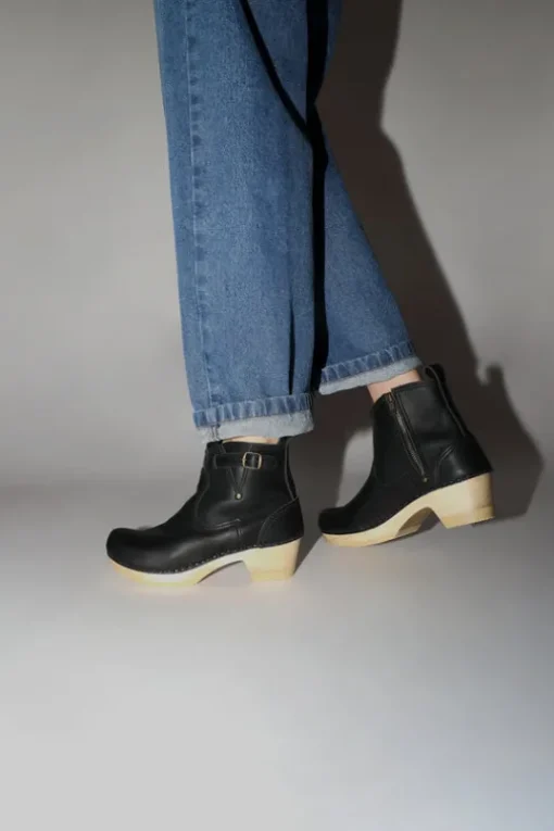 5" Leather Clog Buckle Boot on Mid Heel in Black