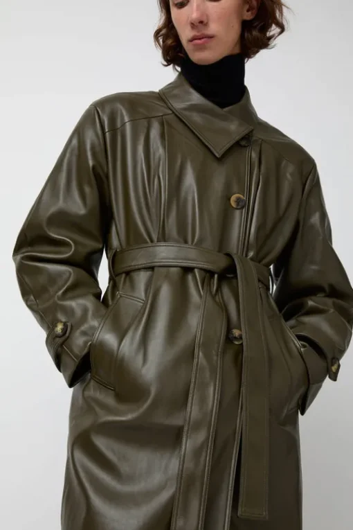 Leather Scarf Trench in Khaki