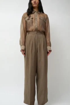 Linen Blend Wide Leg Pants in Dark Tan