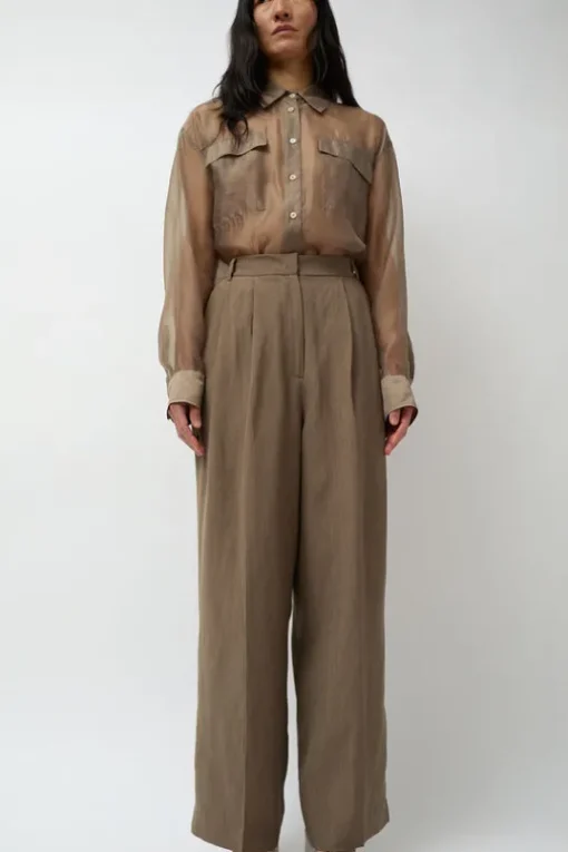 Linen Blend Wide Leg Pants in Dark Tan