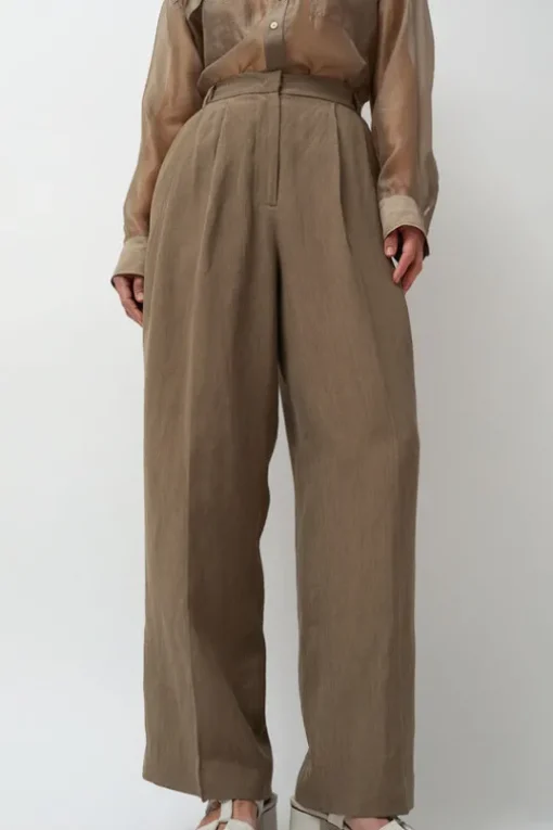 Linen Blend Wide Leg Pants in Dark Tan