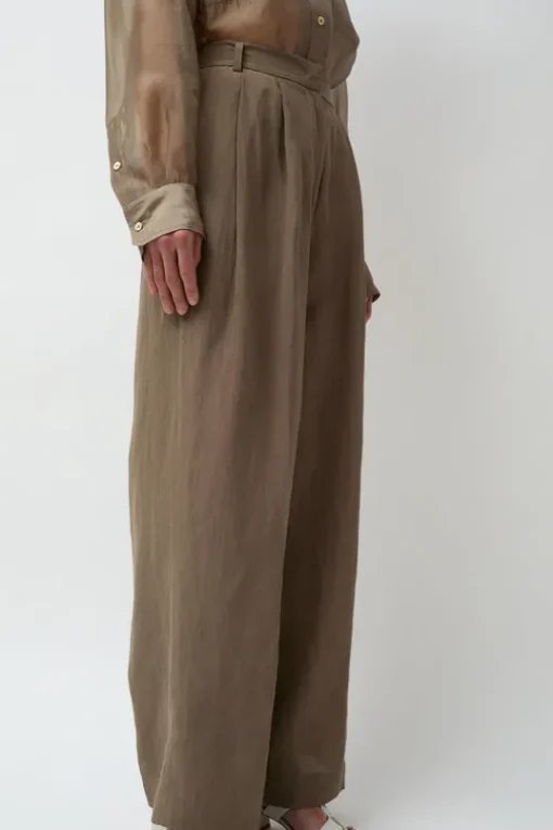 Linen Blend Wide Leg Pants in Dark Tan