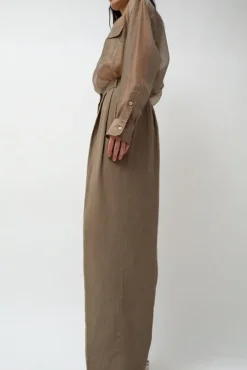 Linen Blend Wide Leg Pants in Dark Tan