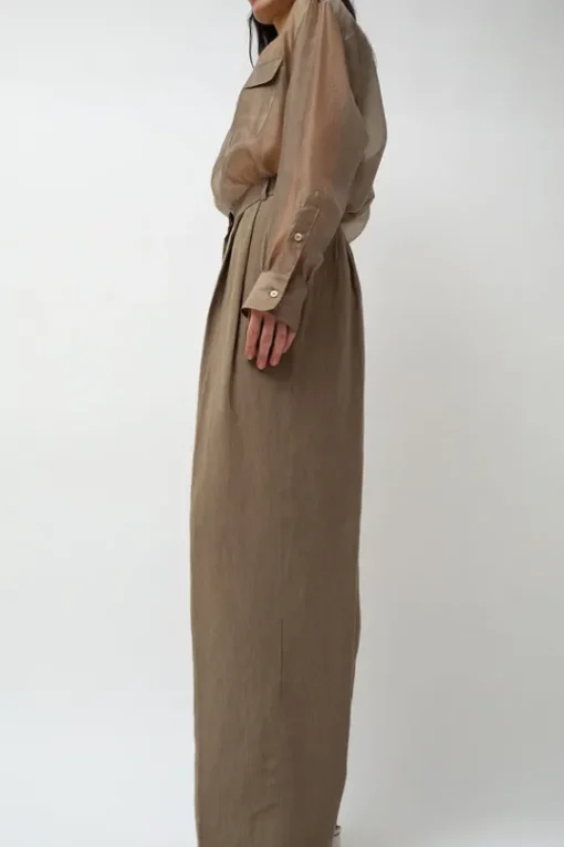 Linen Blend Wide Leg Pants in Dark Tan