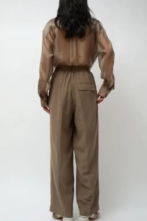 Linen Blend Wide Leg Pants in Dark Tan