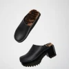 Liza Clog on Mid Tread in Black with Zebra Shearling on Black Base