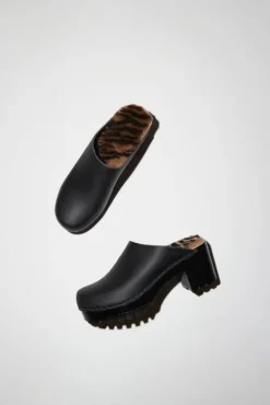 Liza Clog on Mid Tread in Black with Zebra Shearling on Black Base