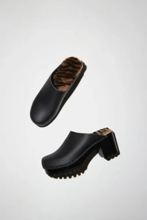 Liza Clog on Mid Tread in Black with Zebra Shearling on Black Base