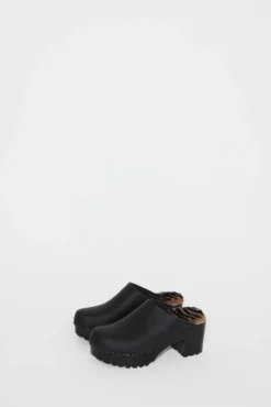 Liza Clog on Mid Tread in Black with Zebra Shearling on Black Base