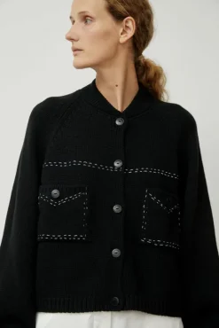 Merino Wool Stitched Cardigan in Black