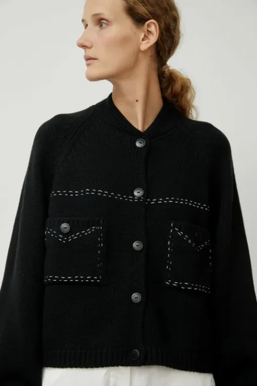 Merino Wool Stitched Cardigan in Black