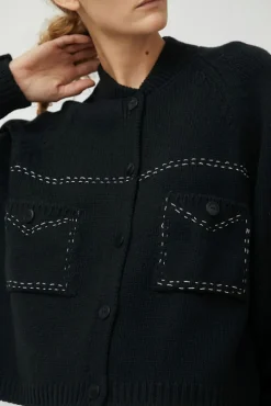 Merino Wool Stitched Cardigan in Black