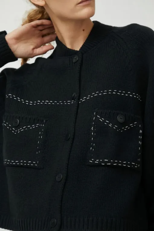 Merino Wool Stitched Cardigan in Black