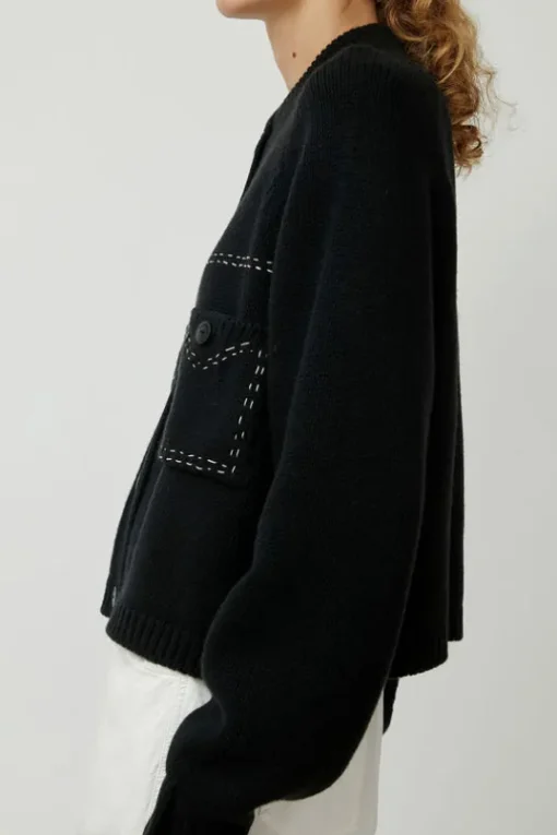 Merino Wool Stitched Cardigan in Black