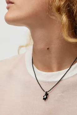 Mini Flocked Bear Necklace in Black