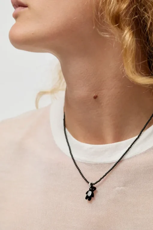 Mini Flocked Bear Necklace in Black