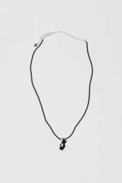 Mini Flocked Bear Necklace in Black