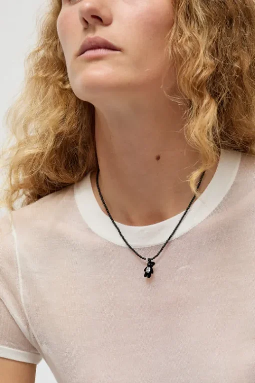 Mini Flocked Bear Necklace in Black