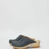 Old School Studded Clog on Mid Heel in Denim Printed Leather
