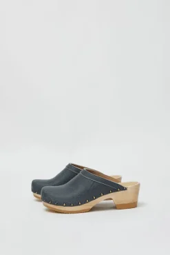 Old School Studded Clog on Mid Heel in Denim Printed Leather