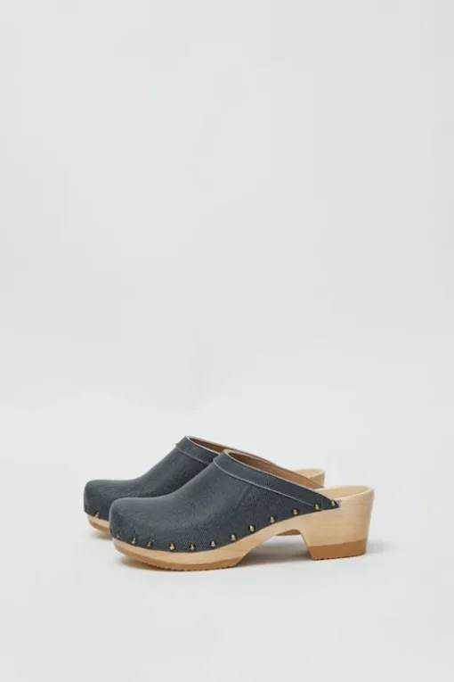 Old School Studded Clog on Mid Heel in Denim Printed Leather