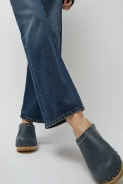 Old School Studded Clog on Mid Heel in Denim Printed Leather
