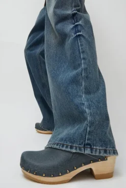 Old School Studded Clog on Mid Heel in Denim Printed Leather