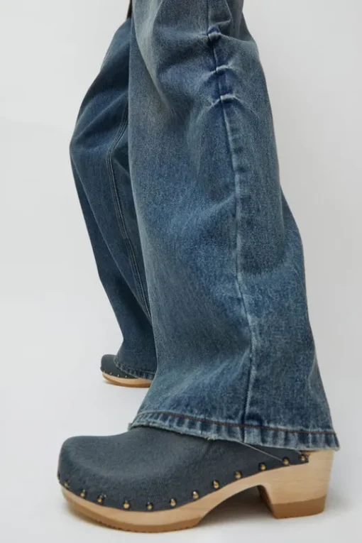 Old School Studded Clog on Mid Heel in Denim Printed Leather