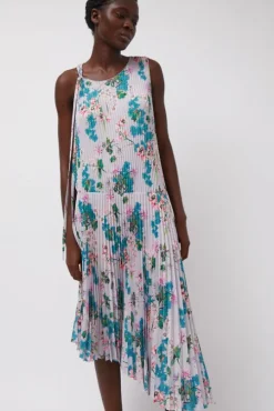 Pleated Asymmetric Sleeveless Dress in Floral