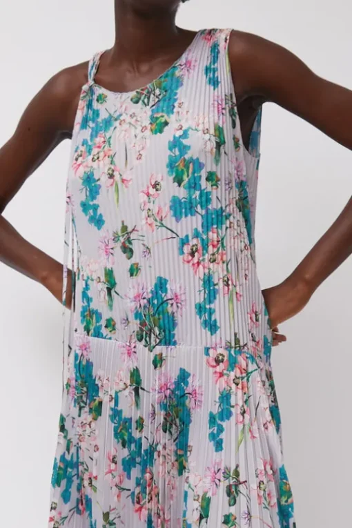 Pleated Asymmetric Sleeveless Dress in Floral