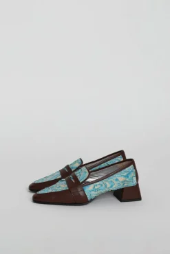 Pointed Loafer in Aqua Plissé and Sequoia Nappa