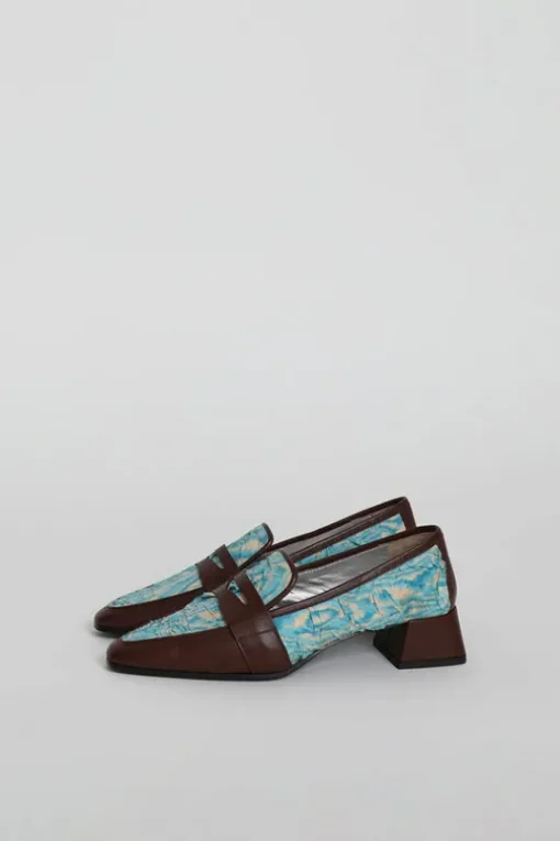 Pointed Loafer in Aqua Plissé and Sequoia Nappa