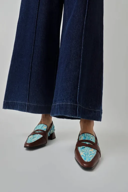 Pointed Loafer in Aqua Plissé and Sequoia Nappa