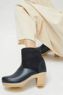 5" Pull on Shearling Clog Boot on High Heel in Navy and Night