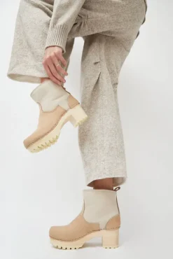 5" Pull On Shearling Clog Boot on Mid Tread in Bone Suede on White Base