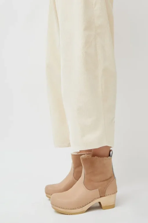 5" Pull on Shearling Clog Boot on Mid Heel in Fawn