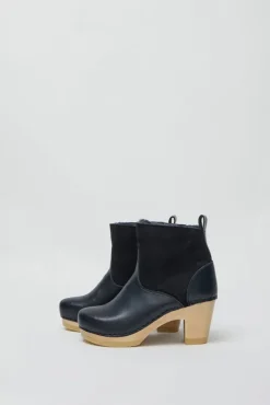5" Pull on Shearling Clog Boot on High Heel in Navy and Night