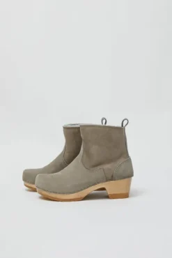 5" Pull on Shearling Clog Boot on Mid Heel in Mist
