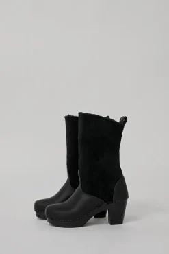 9" Pull On Shearling Clog Boot on High Heel in Black Suede on Black Base