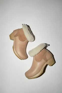 5" Pull on Shearling Clog Boot on Mid Heel in Fawn