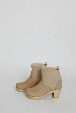 5" Pull On Shearling Clog Boot on High Heel in Bone Suede