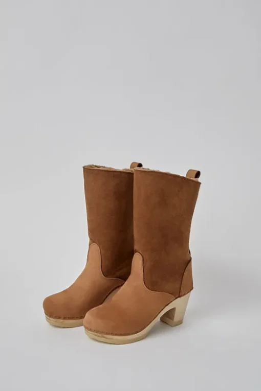 9" Pull On Shearling Clog Boot on High Heel in Copper