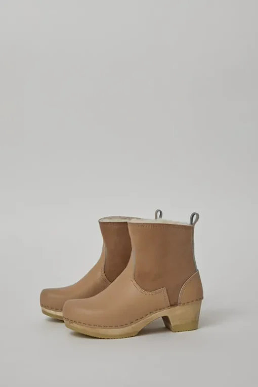 5" Pull on Shearling Clog Boot on Mid Heel in Fawn