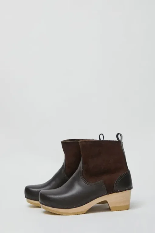 5" Pull on Shearling Clog Boot on Mid Heel in Umber