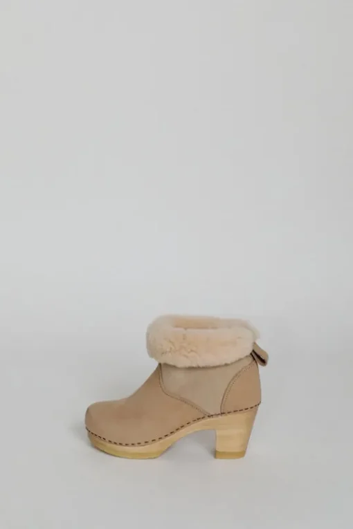5" Pull On Shearling Clog Boot on High Heel in Bone Suede