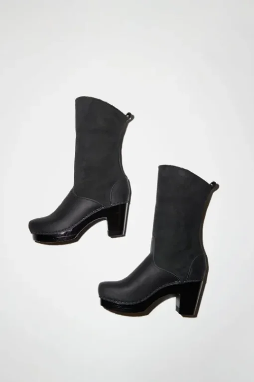 9" Pull On Shearling Clog Boot on High Heel in Black Suede on Black Base