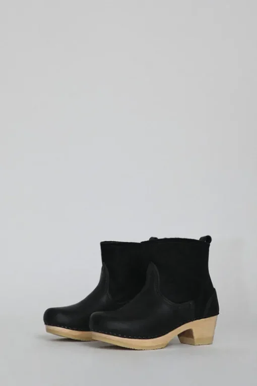 5" Pull on Shearling Clog Boot on Mid Heel in Black Suede